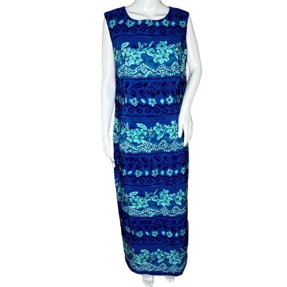 Premier International Dress Women Large Blue Green‎ Floral Maxi Tropical Cruise